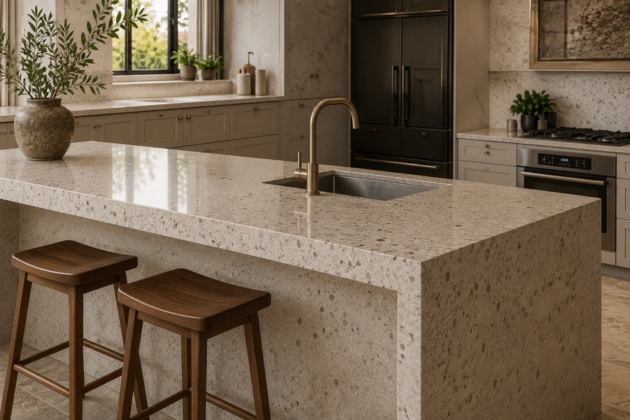 Barra de cocina en terrazo con bancos de madera