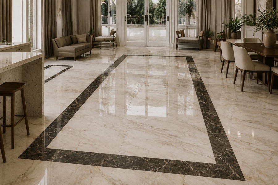 Piso de mármol con cenefa oscura