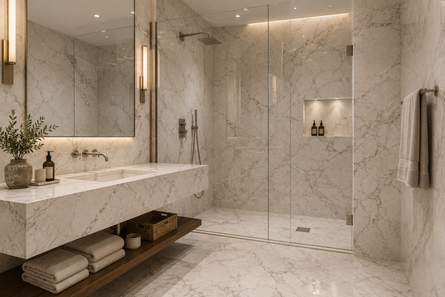 Baño enchapado en mármol blanco