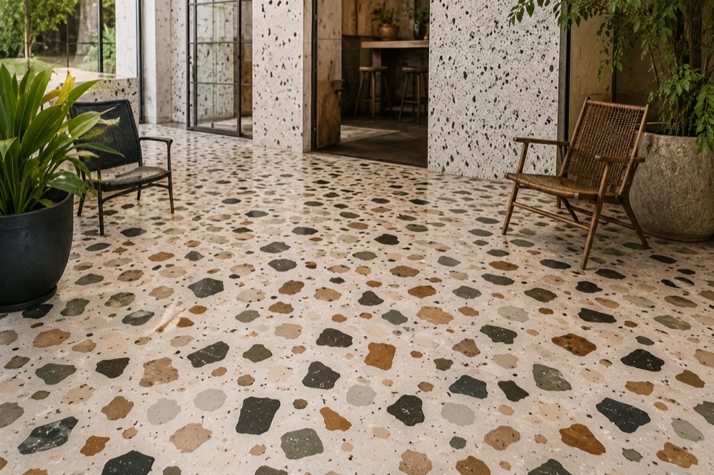 Piso de terrazo con piedras de colores